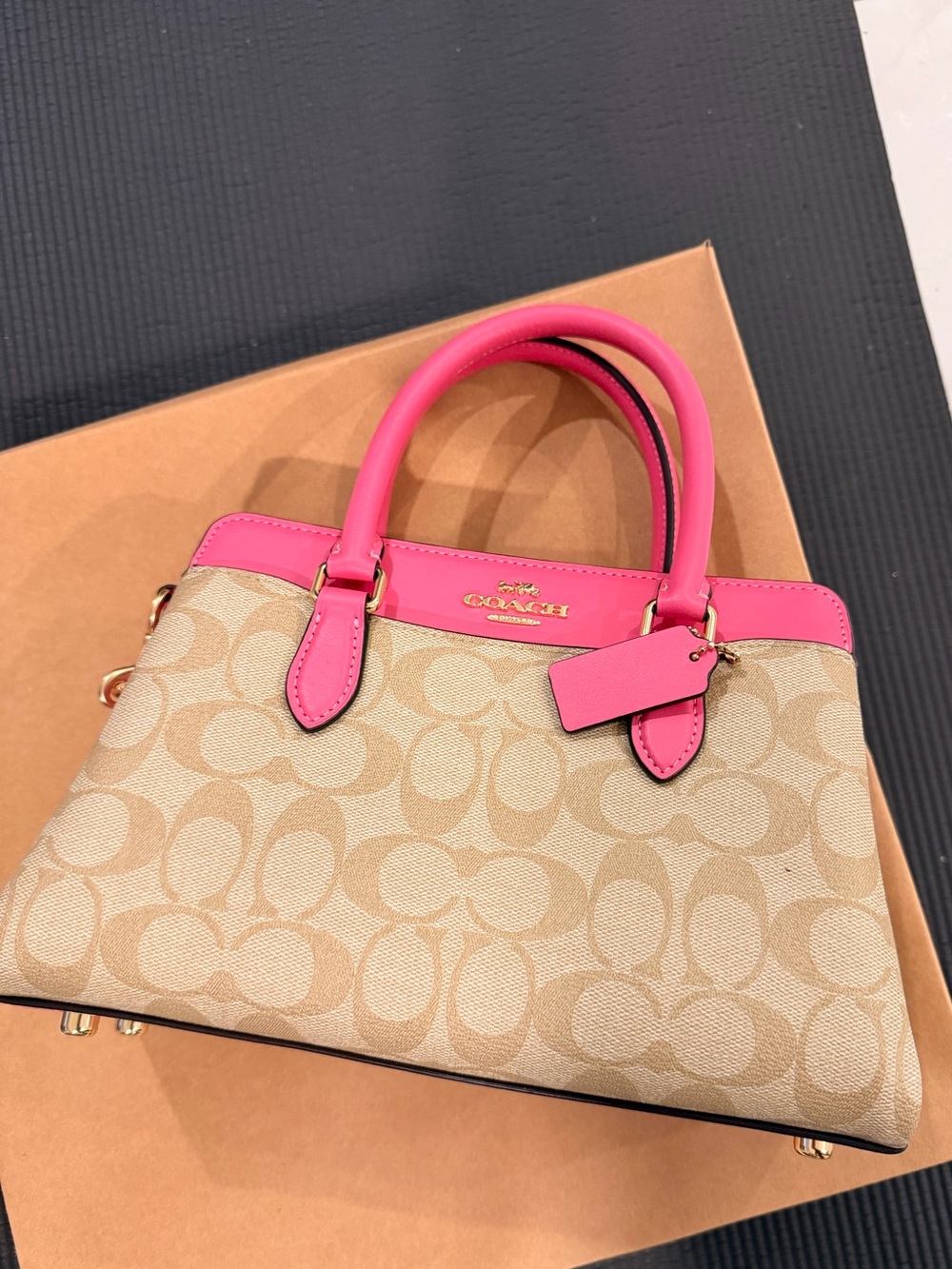 Coach Beige Signature Satchel with Pink Leather Trim